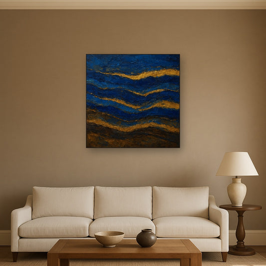 Royal Lapis Lazuli & Gold Leaf Strata No. 4 Oil Painting - Styled in Modern Living Room