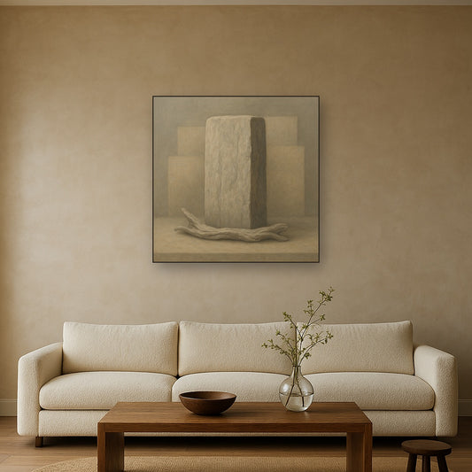 Driftwood Grey & Weathered Stone Monolith No. 28 Oil Painting Staged Above Sectional Sofa in Living Room, Hand Painted Canvas Wall Art for Home Decor