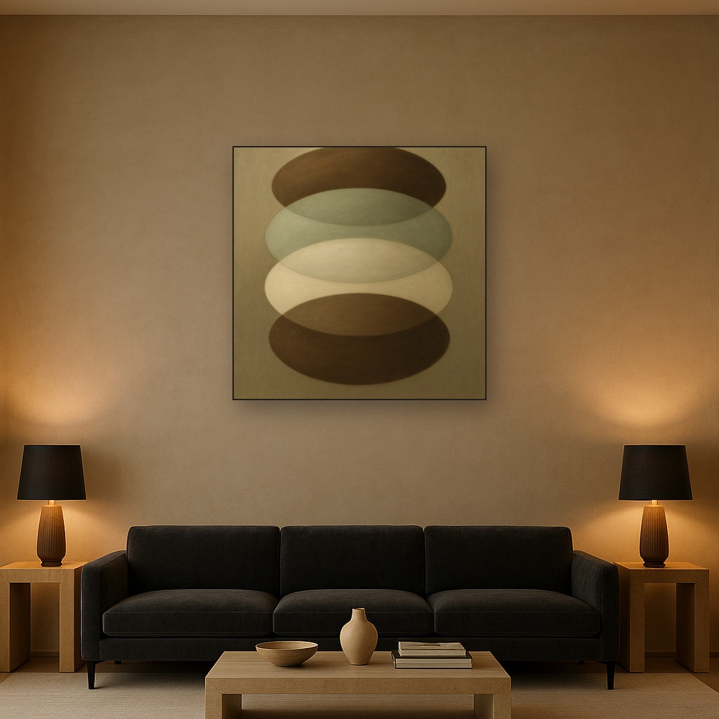 Floating Ellipse Harmony in Walnut & Pale Sage No. 5 Oil Painting Staged Above Sectional Sofa in Living Room, Hand Painted Canvas Wall Art for Home Decor