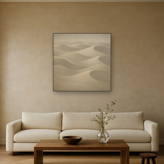 Monochrome Sand Dune Contours & Pale Slate No. 9 Oil Painting Staged Above Sectional Sofa in Living Room, Hand Painted Canvas Wall Art for Home Decor