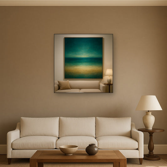 Peacock Teal & Champagne Gold Horizon Oil Painting Staged Above Sectional Sofa in Living Room, Hand Painted Canvas Wall Art for Home Decor