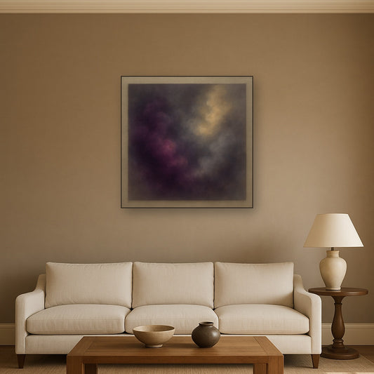 Gilded Plum & Soft Smoke Cloud Harmony No. 9 Oil Painting Staged Above Sectional Sofa in Living Room, Hand Painted Canvas Wall Art for Home Decor