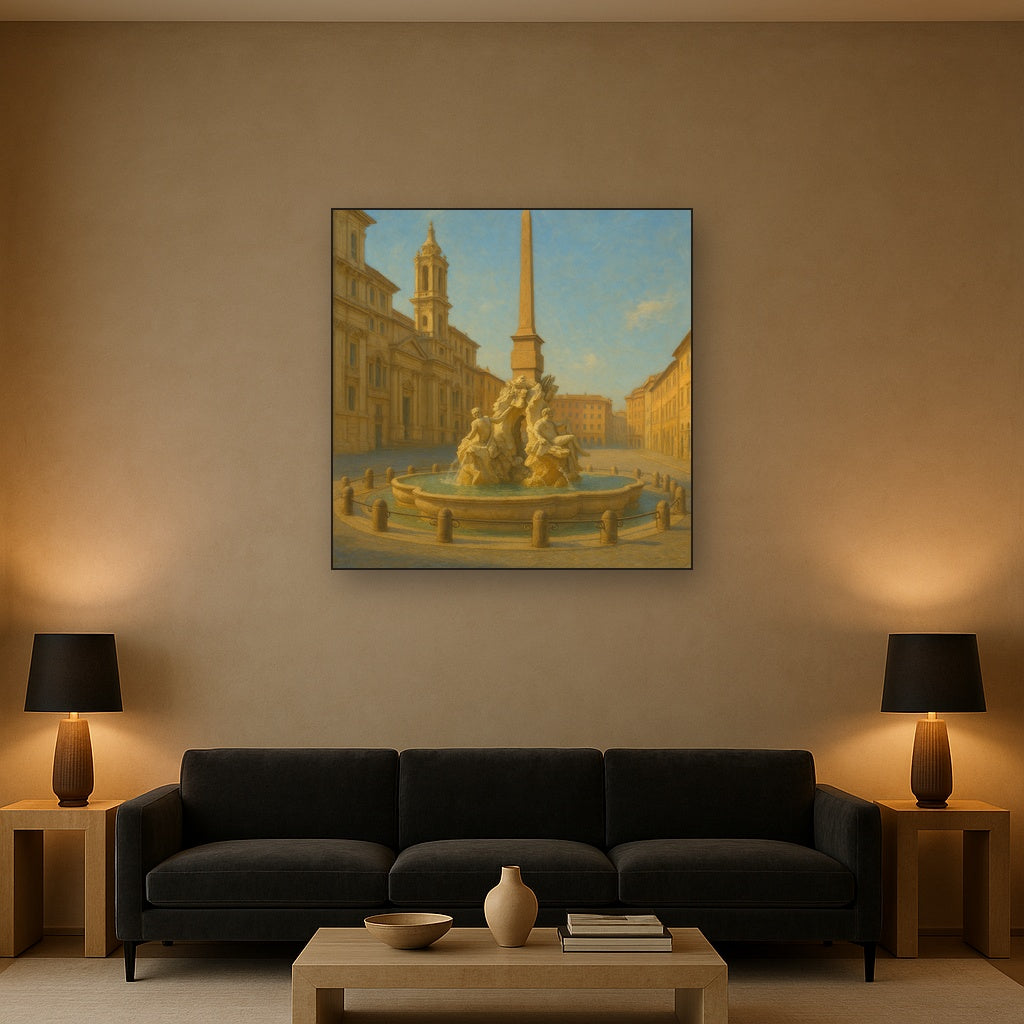 Rome Piazza Fountain in Morning Sunlight No. 12 Oil Painting - View 2