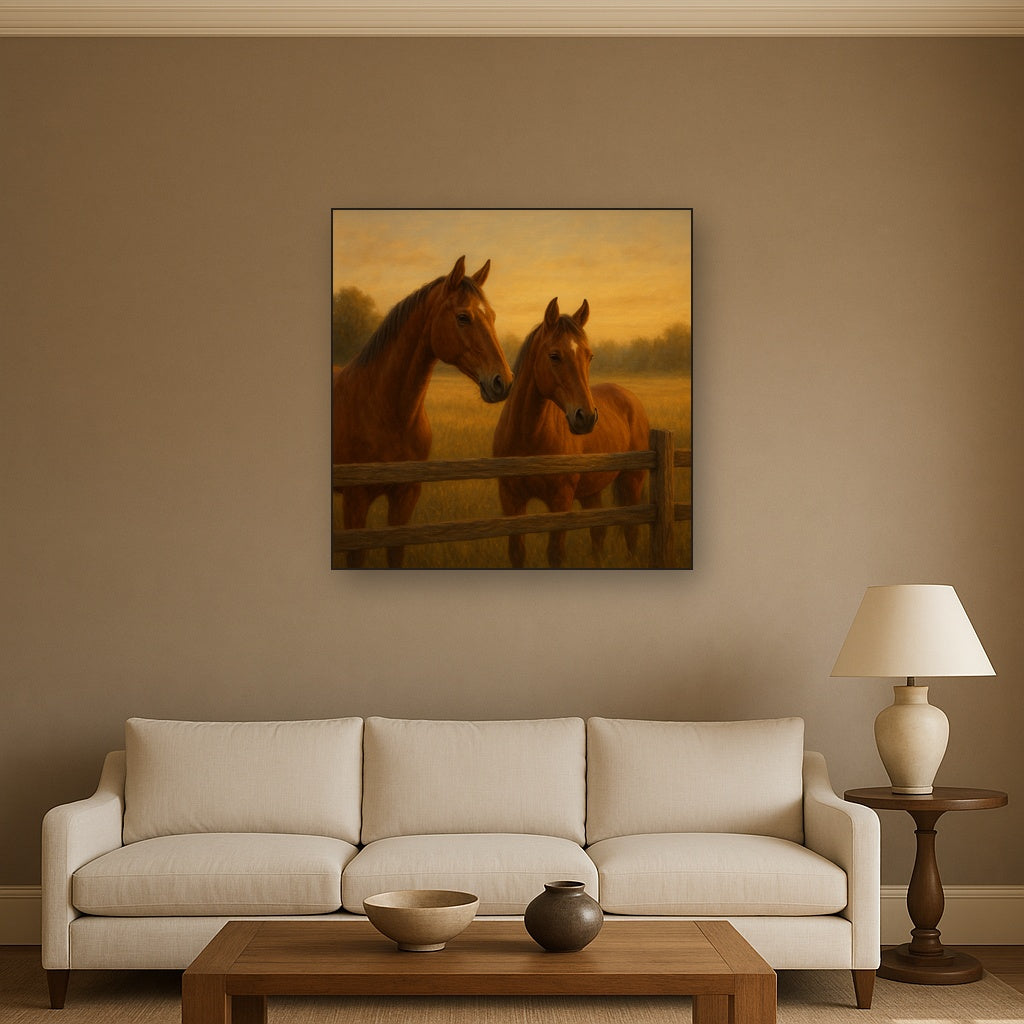 Two Horses at Rustic Post & Rail Fence No. 15 Oil Painting Staged Above Sectional Sofa in Living Room, Hand Painted Canvas Wall Art for Home Decor