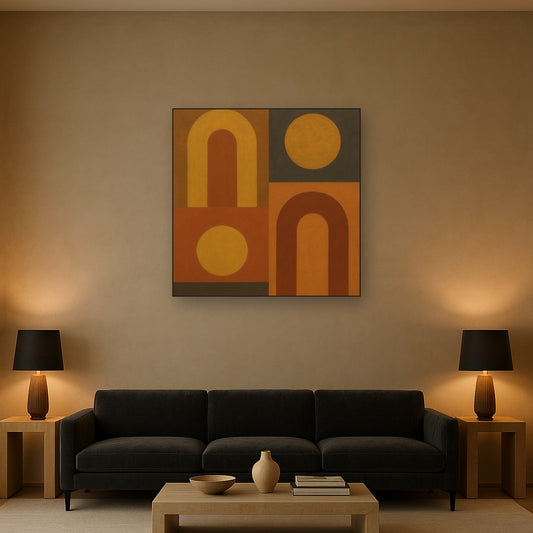 Arch & Circle Equilibrium in Warm Earth Tones No. 13 Oil Painting Staged Above Sectional Sofa in Living Room, Hand Painted Canvas Wall Art for Home Decor