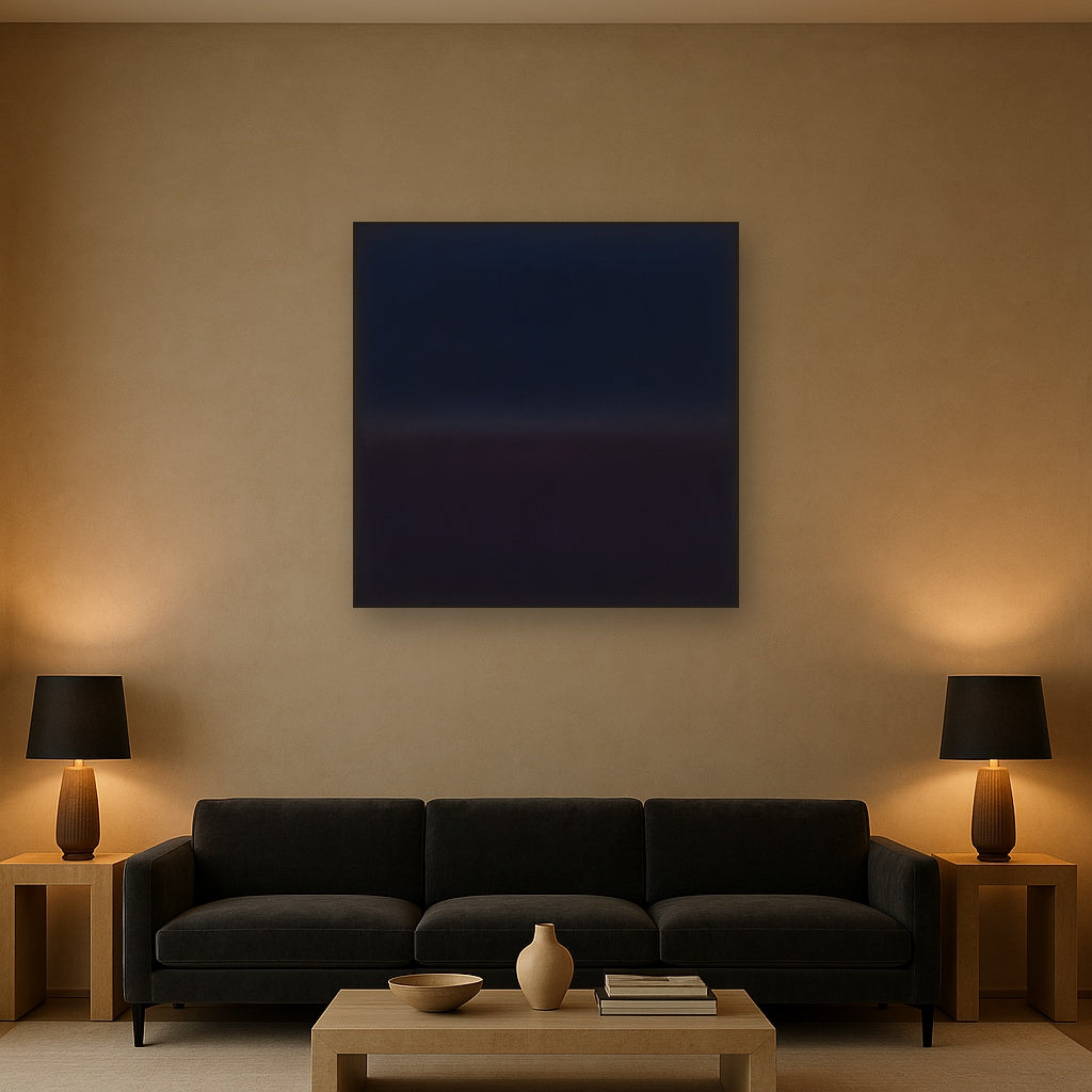 Deep Indigo & Midnight Plum Ambient Field No. 9 Oil Painting Staged Above Sectional Sofa in Living Room, Hand Painted Canvas Wall Art for Home Decor