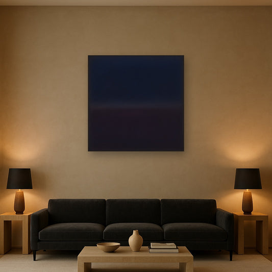 Deep Indigo & Midnight Plum Ambient Field No. 9 Oil Painting Staged Above Sectional Sofa in Living Room, Hand Painted Canvas Wall Art for Home Decor