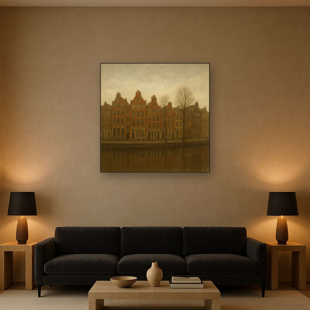 Amsterdam Canal Houses Under Overcast Sky No. 15 Oil Painting - View 2