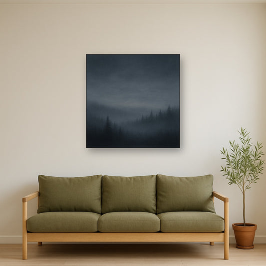 Dusk over Silent Pine Ridgeline in Charcoal Fog No. 22 Oil Painting Staged Above Sectional Sofa in Living Room, Hand Painted Canvas Wall Art for Home Decor