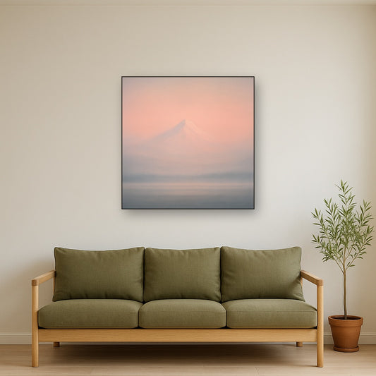 Pale Alpenglow over Distant Glacial Peak No. 13 Oil Painting Staged Above Sectional Sofa in Living Room, Hand Painted Canvas Wall Art for Home Decor