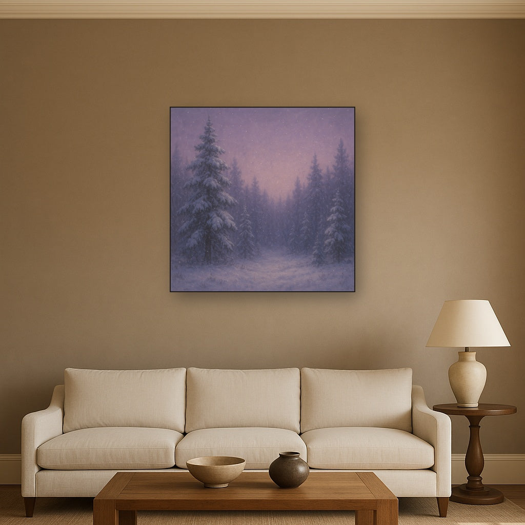 Quiet Pine Forest in Gentle Twilight Snow No. 7 Oil Painting Staged Above Sectional Sofa in Living Room, Hand Painted Canvas Wall Art for Home Decor