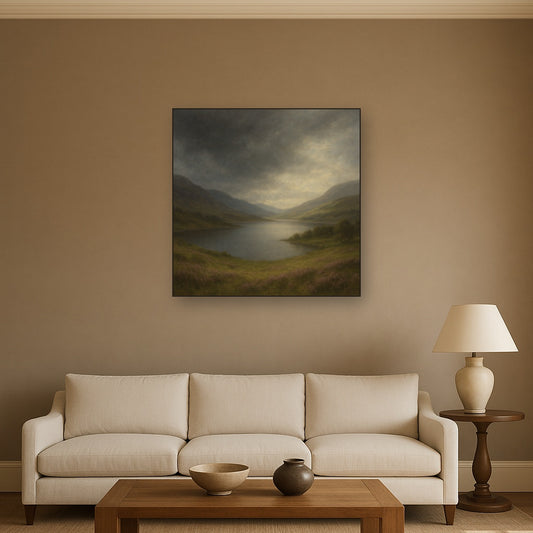 Highland Valley Storm Clearing No. 2 Oil Painting Staged Above Sectional Sofa in Living Room, Hand Painted Canvas Wall Art for Home Decor