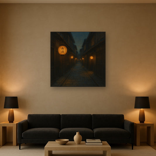 Old Kyoto Gion Alley in Soft Lantern Light No. 10 Oil Painting Staged Above Sectional Sofa in Living Room, Hand Painted Canvas Wall Art for Home Decor