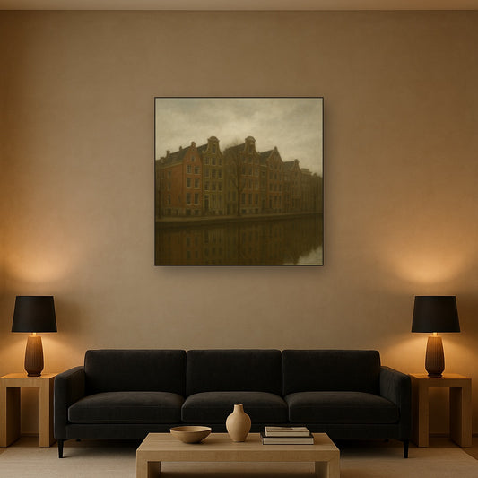 Amsterdam Canal Houses Under Overcast Sky No. 24 Oil Painting Staged Above Sectional Sofa in Living Room, Hand Painted Canvas Wall Art for Home Decor