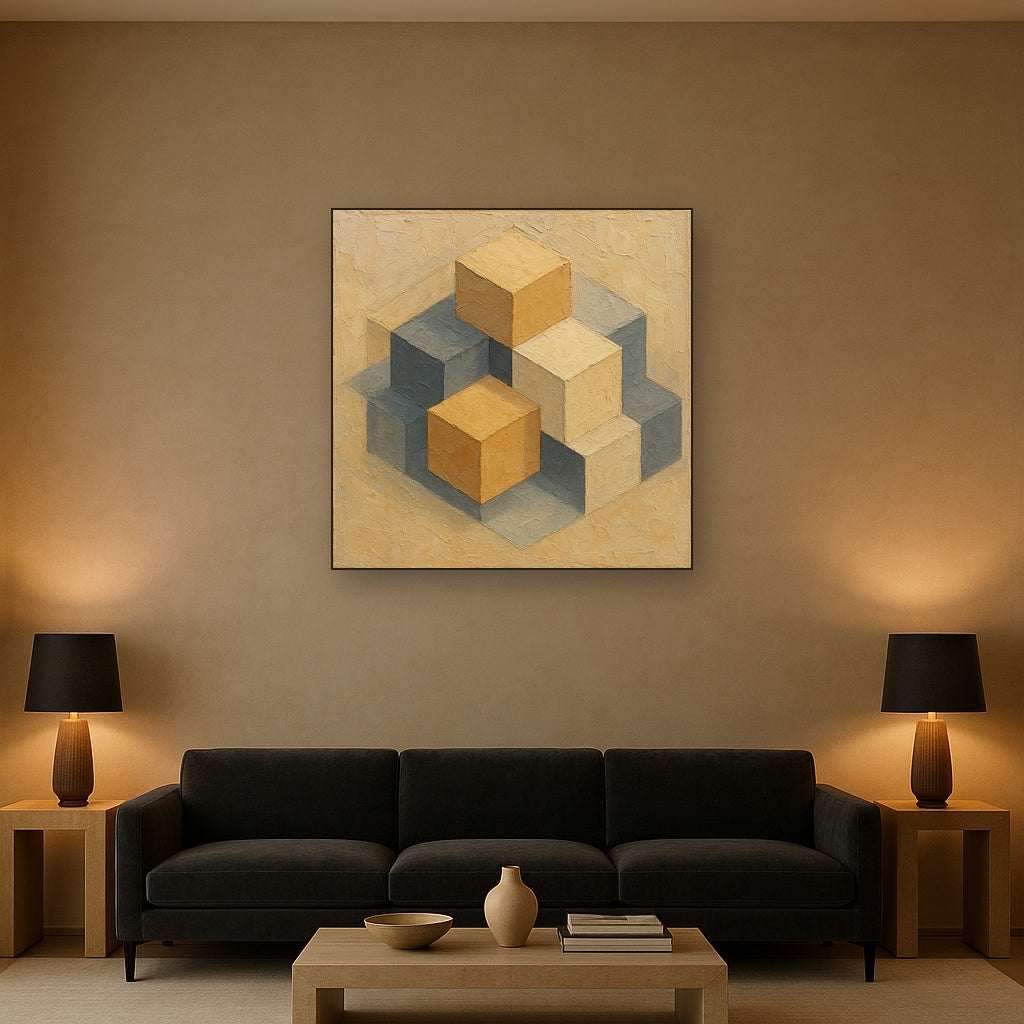 Concentric Cube Geometry Oil Painting - Styled in Modern Living Room