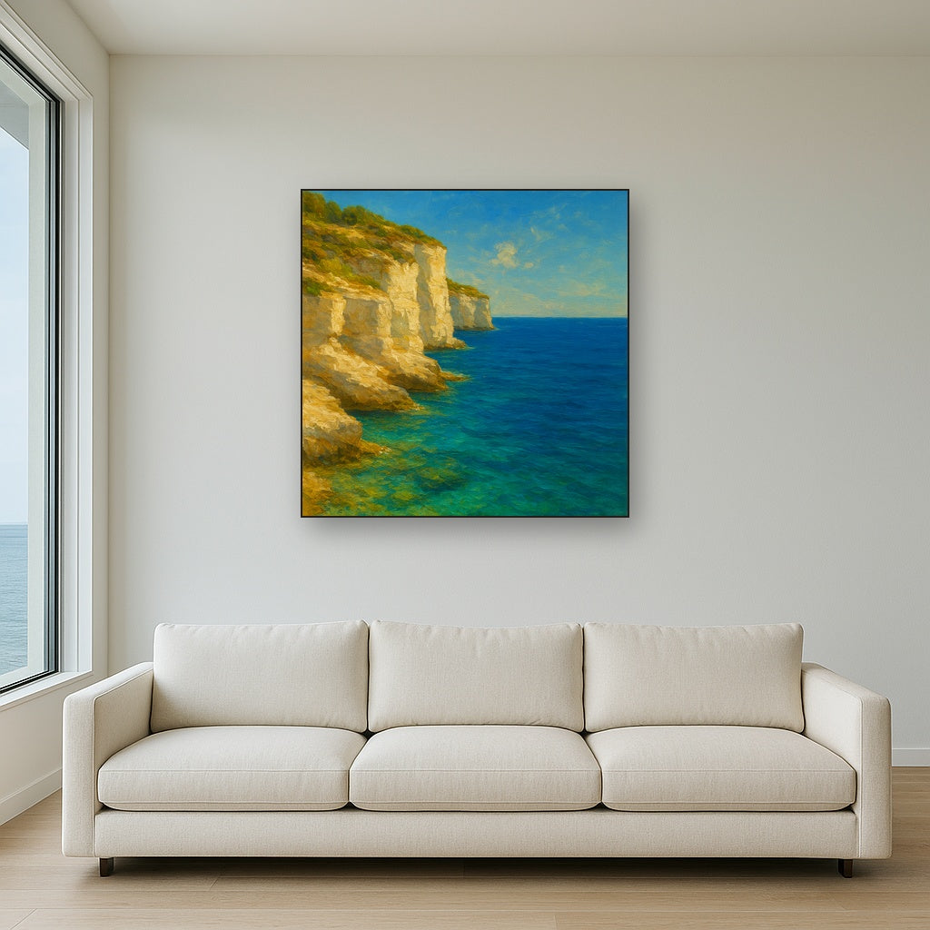 Mediterranean White Cliffs & Azure Horizon Fine Art Oil Painting - View 2