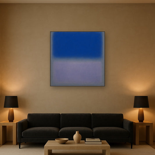 Cobalt Azure & Twilight Lavender Immersion No. 24 Oil Painting Staged Above Sectional Sofa in Living Room, Hand Painted Canvas Wall Art for Home Decor