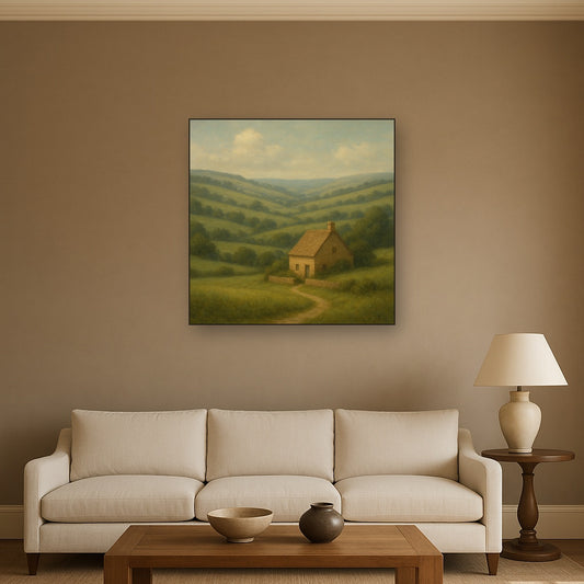 Rolling Cotswold Hills & Stone Cottage No. 3 Oil Painting Staged Above Sectional Sofa in Living Room, Hand Painted Canvas Wall Art for Home Decor