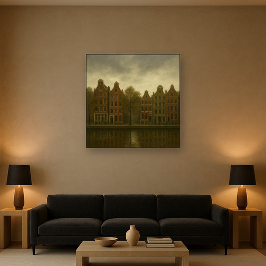 Amsterdam Canal Houses Under Overcast Sky No. 27 Oil Painting Staged Above Sectional Sofa in Living Room, Hand Painted Canvas Wall Art for Home Decor