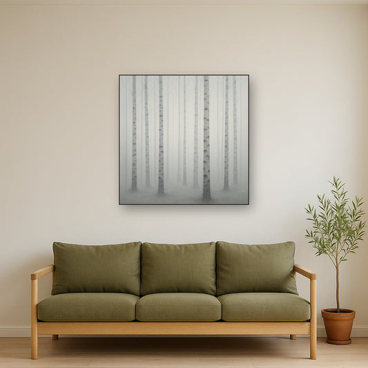 Pale Birch Woodland Silhouette in Whiteout No. 21 Oil Painting Staged Above Sectional Sofa in Living Room, Hand Painted Canvas Wall Art for Home Decor