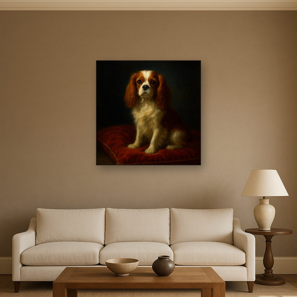 Cavalier King Charles Spaniel on Velvet Cushion No. 5 Fine Art Oil Painting - View 2