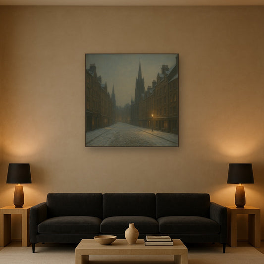 Edinburgh Old Town Royal Mile in Snow No. 28 Oil Painting Staged Above Sectional Sofa in Living Room, Hand Painted Canvas Wall Art for Home Decor