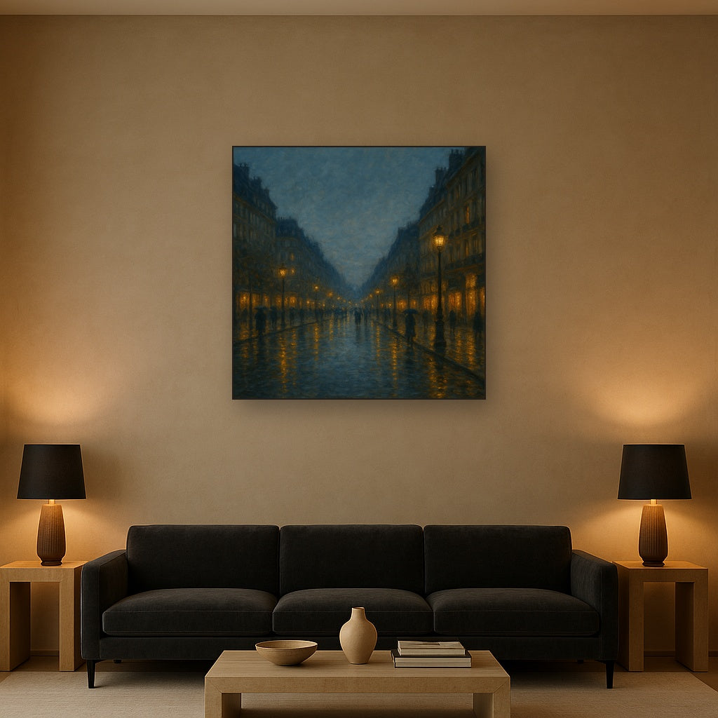 Rainy Parisian Boulevard at Twilight No. 25 Oil Painting Staged Above Sectional Sofa in Living Room, Hand Painted Canvas Wall Art for Home Decor