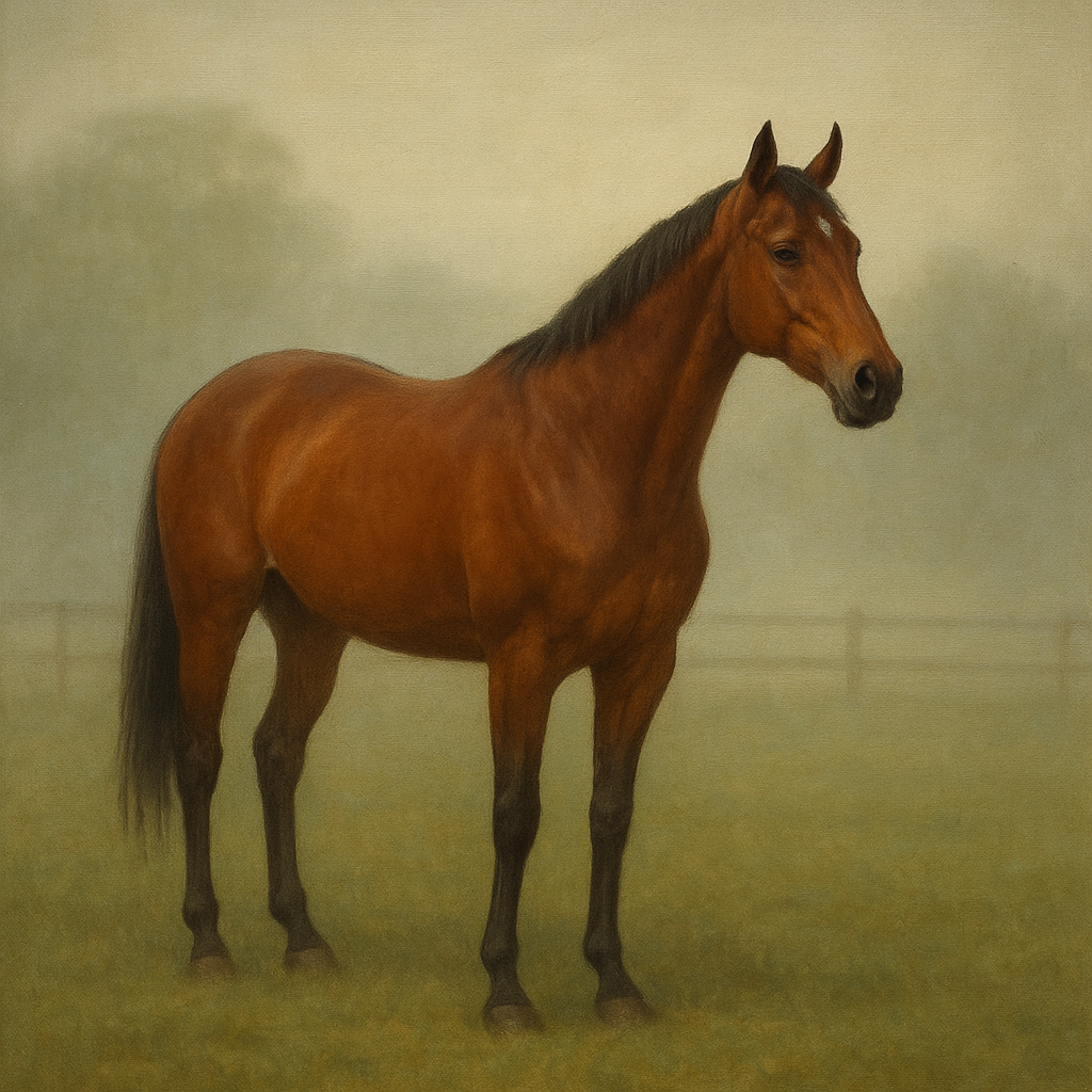 Thoroughbred in Morning Pasture Mist No. 18 Oil Painting - View 1