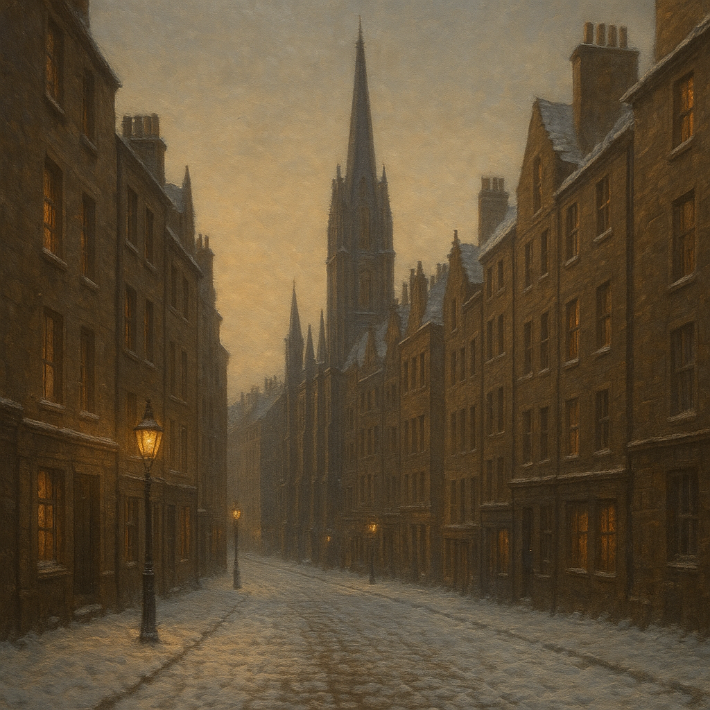 Edinburgh Old Town Royal Mile in Snow No. 18 Oil Painting - View 1