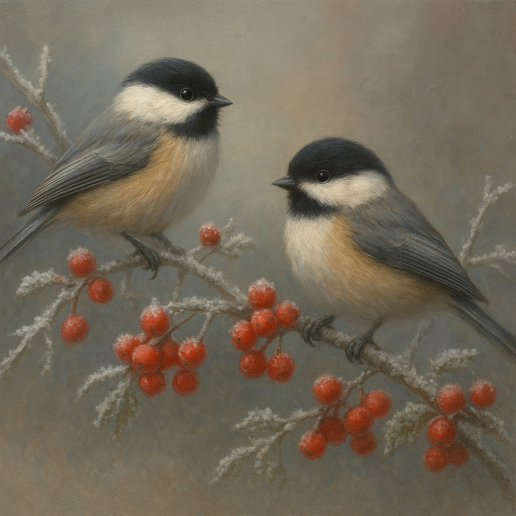Winter Birds on Frosty Red Berry Branch No. 8 Oil Painting - View 1