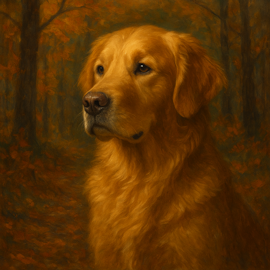 Noble Golden Retriever in Autumn Woods No. 10 Fine Art Oil Painting - View 1