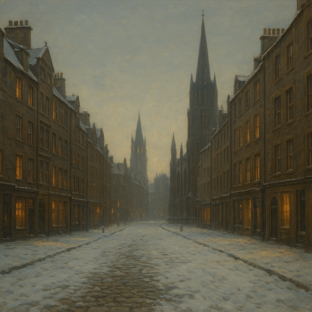 Edinburgh Old Town Royal Mile in Snow No. 16 Oil Painting - View 1