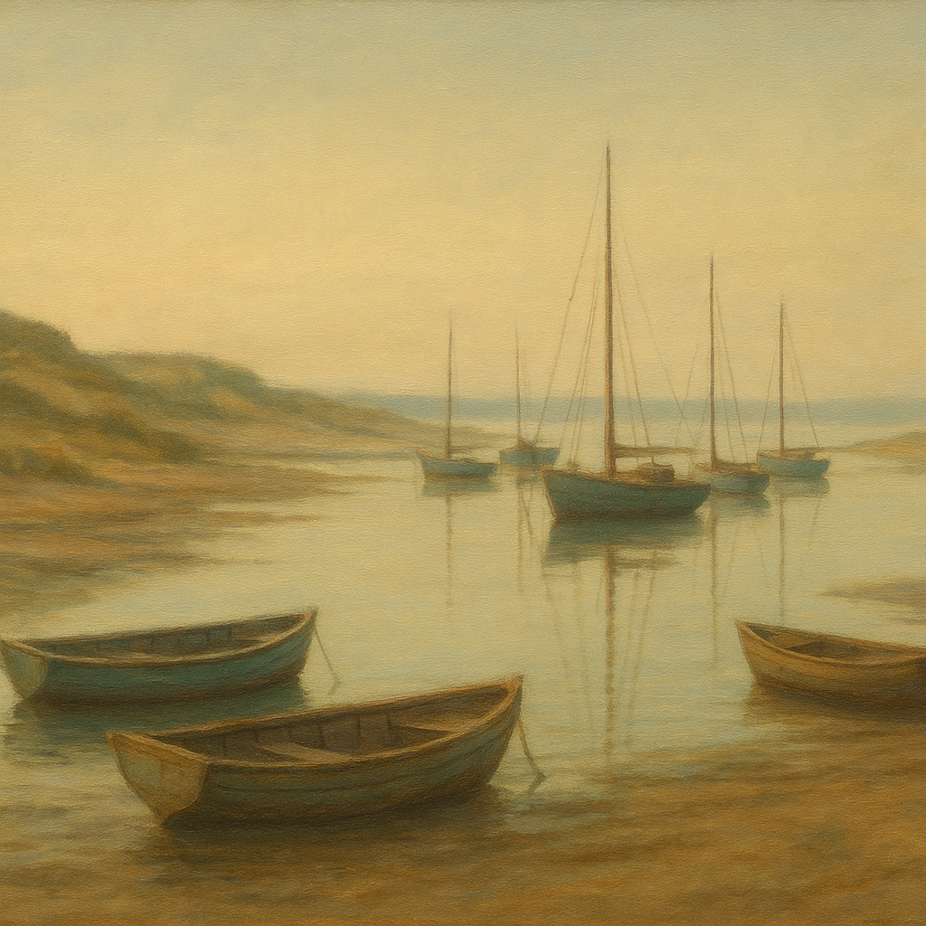 Quiet Fishing Harbor at Morning Low Tide No. 14 Oil Painting 100% Hand Painted Oil on Belgian Linen Canvas, Original Fine Art Wall Decor