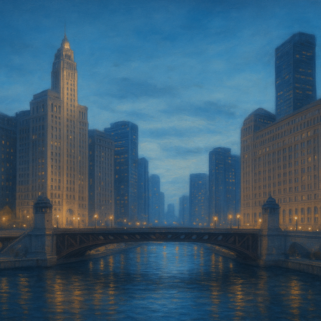 Chicago Riverfront Architecture at Blue Hour No. 26 Oil Painting 100% Hand Painted Oil on Belgian Linen Canvas, Original Fine Art Wall Decor