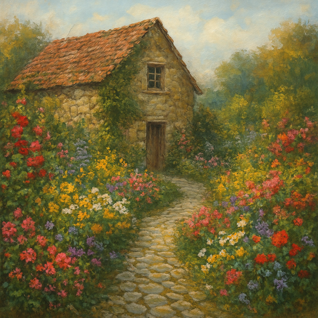Rustic Stone Cottage Path with Wild Garden Blooms No. 3 Fine Art Oil Painting - View 1