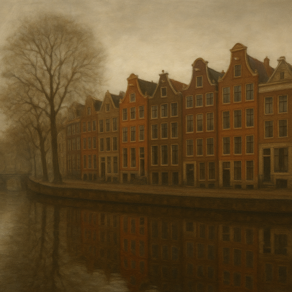 Amsterdam Canal Houses Under Overcast Sky No. 23 Oil Painting - View 1