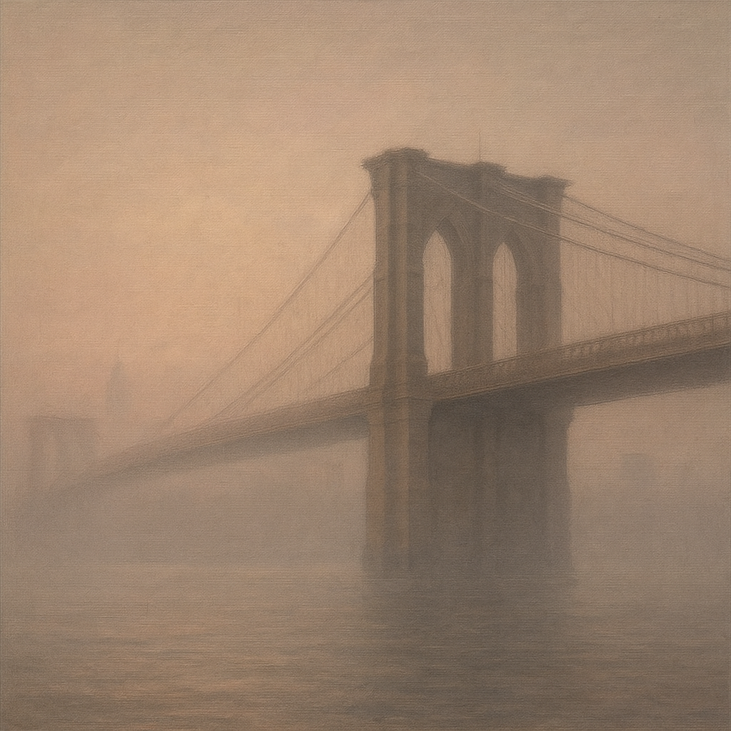 Brooklyn Bridge in Morning River Mist No. 18 Oil Painting - View 1
