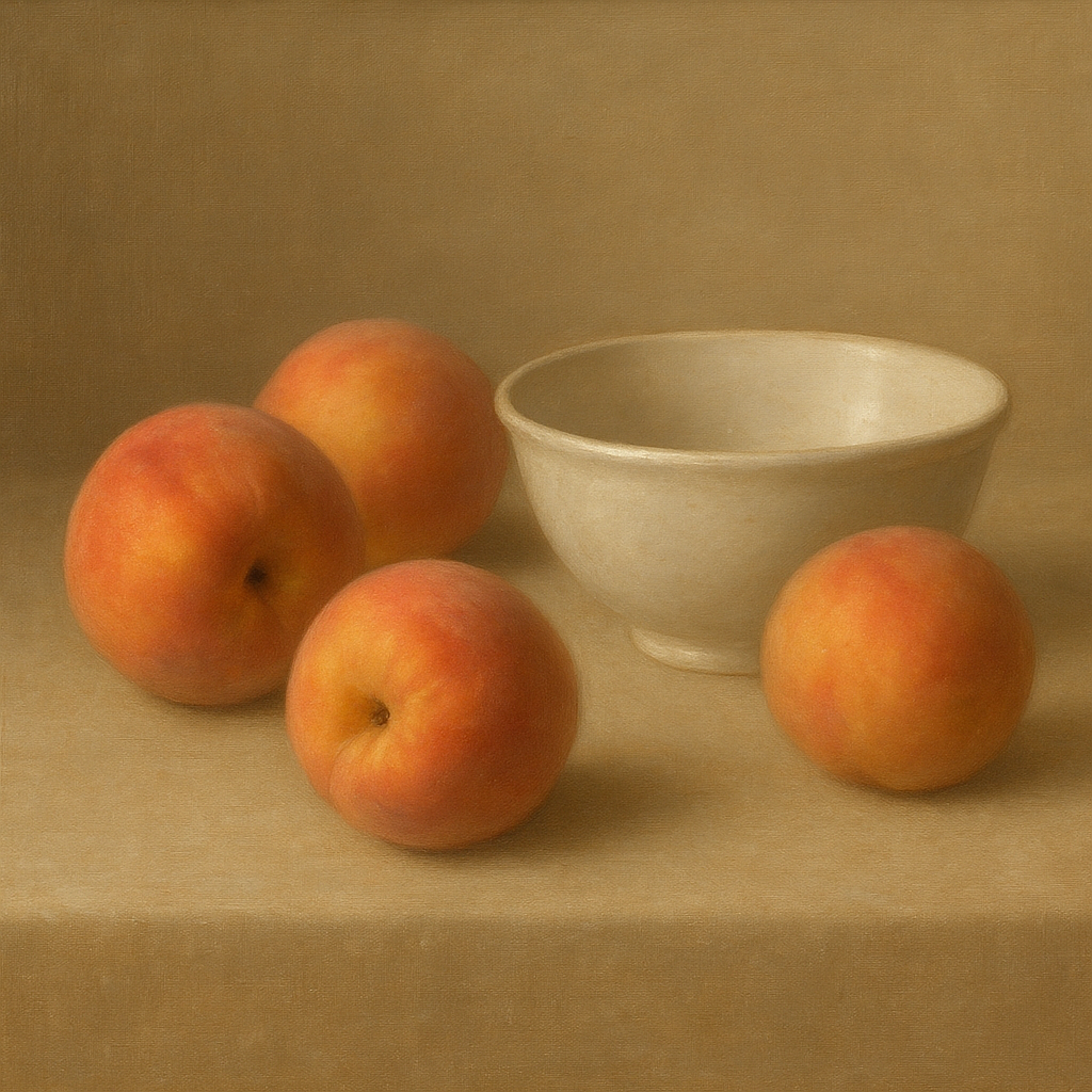 Heirloom Peaches & White Ceramic Bowl No. 3 Oil Painting - View 1