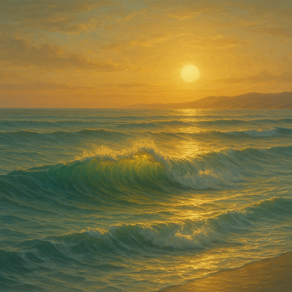 Golden Hour Sunlight on Ocean Swells No. 4 Oil Painting - View 1