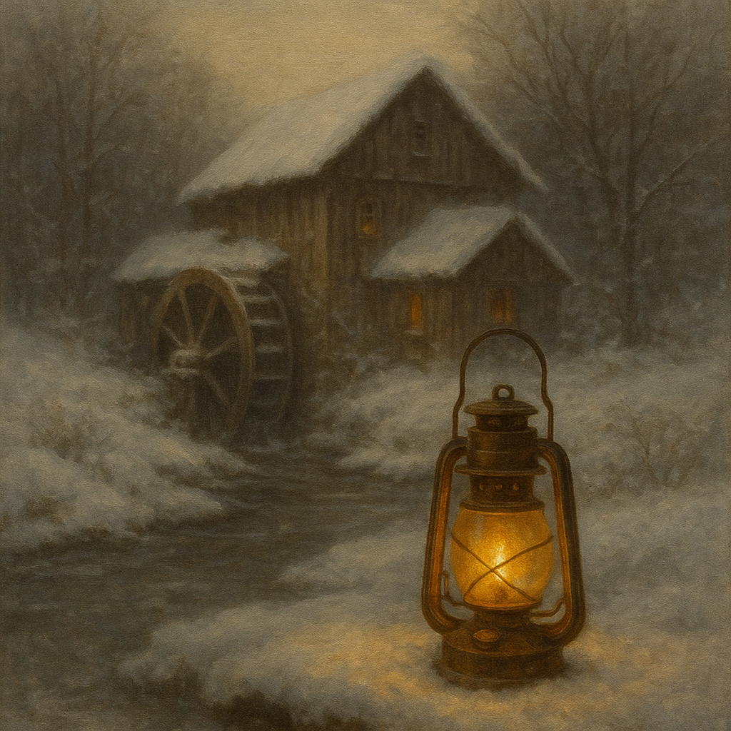 Snowy Mill Stream & Glowing Lantern No. 6 Oil Painting - View 1