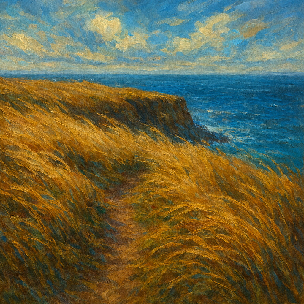 Wild Coastal Grasses on Windswept Bluff Fine Art Oil Painting - View 1