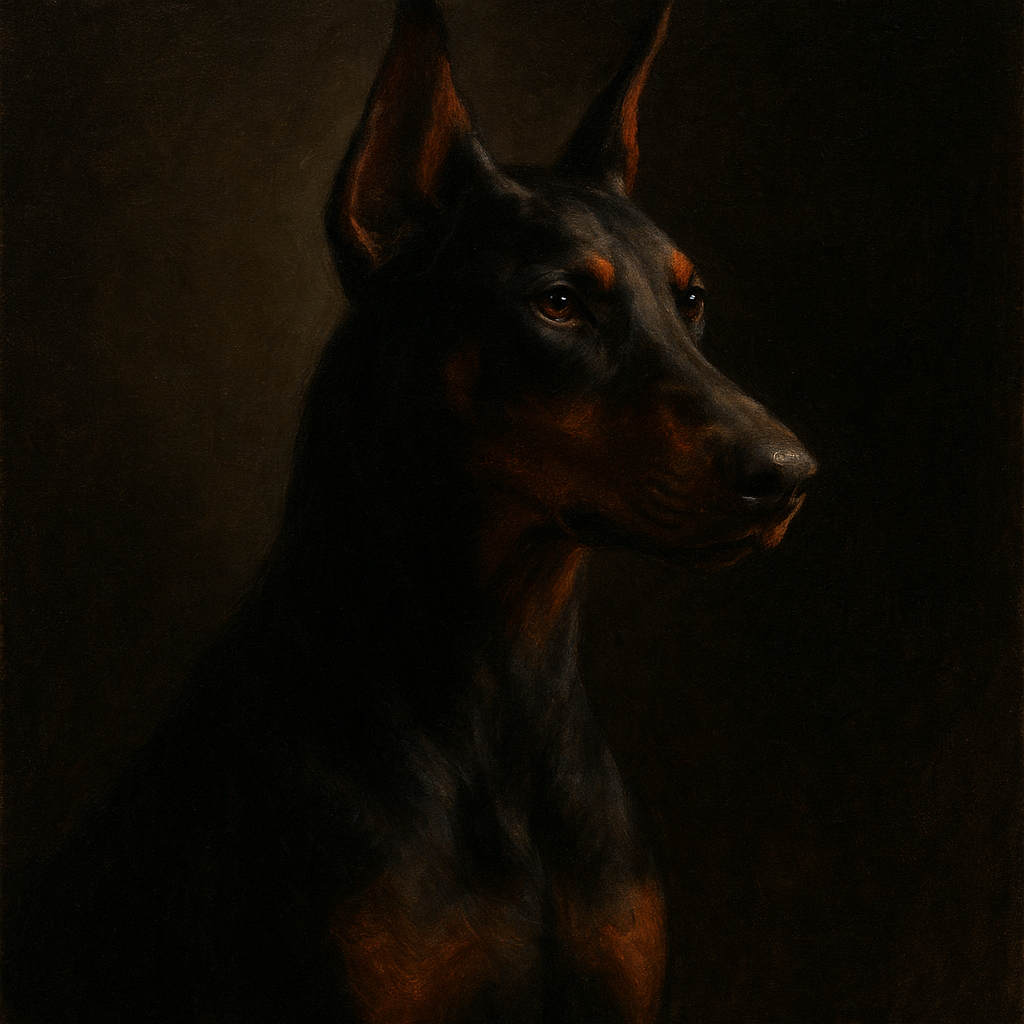 Alert Doberman Pinscher in Shadow & Light No. 9 Fine Art Oil Painting - View 1