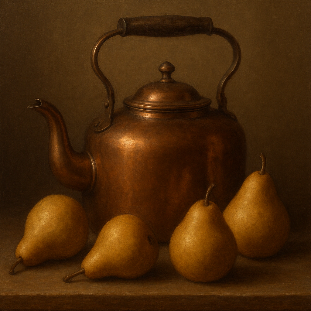 Antique Copper Kettle & Orchard Pears Oil Painting - View 1