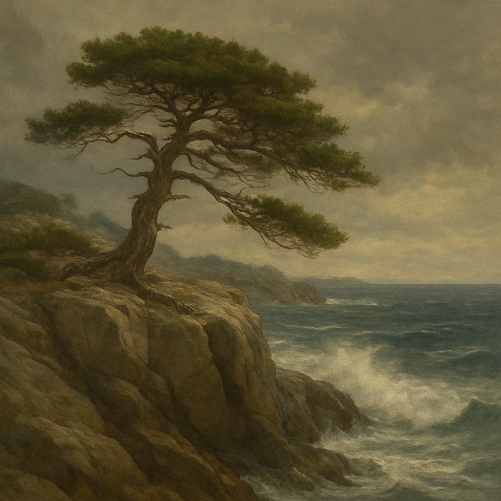 Wild Coastal Pine on Stormy Granite Cliff No. 6 Oil Painting - View 1