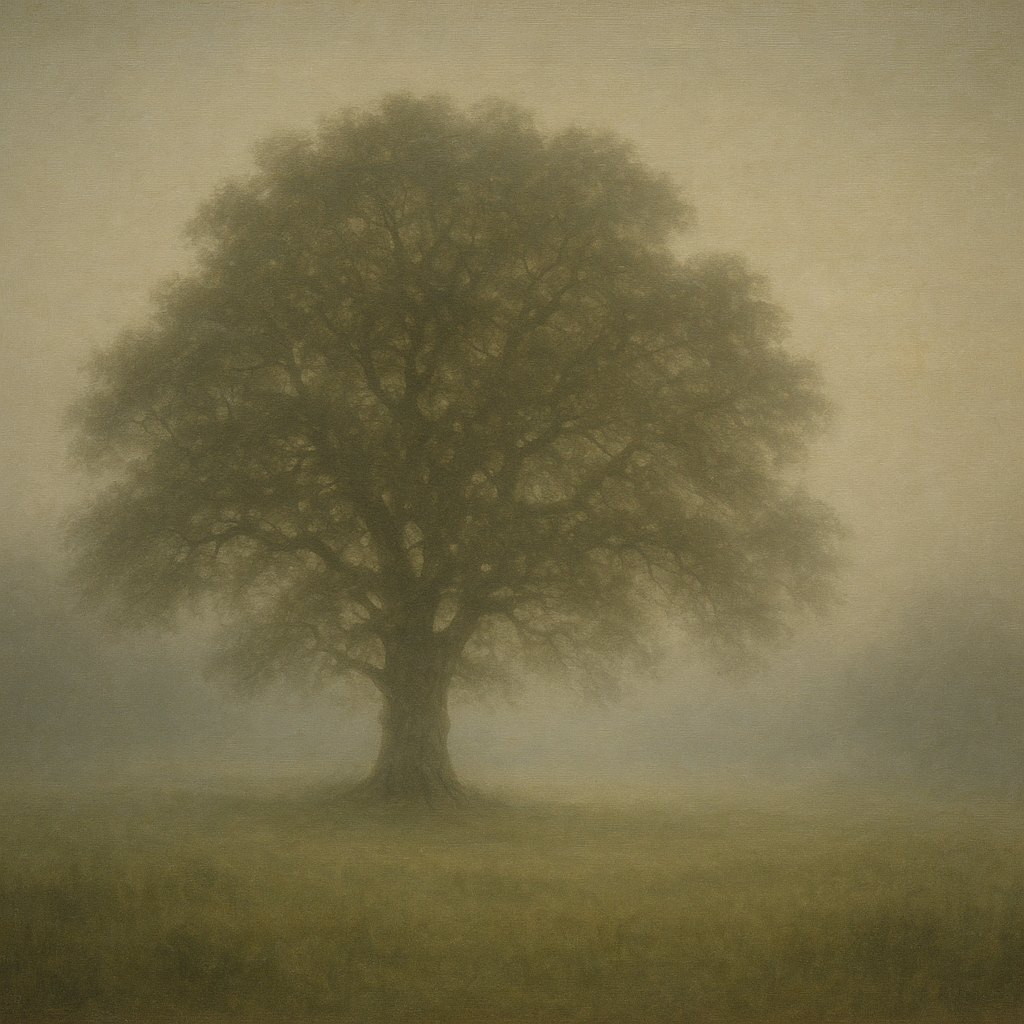 Ancient Solitary Oak in Morning Fog No. 9 Oil Painting - View 1