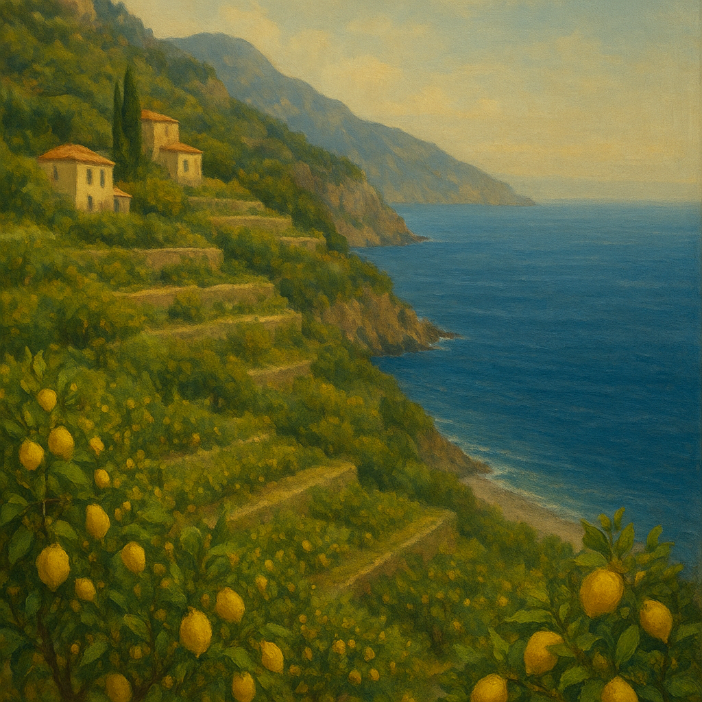 Italian Amalfi Coastline Terraces & Lemon Grove No. 15 Oil Painting 100% Hand Painted Oil on Belgian Linen Canvas, Original Fine Art Wall Decor