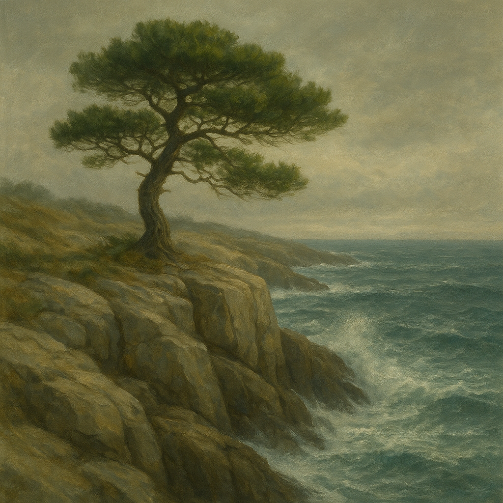 Wild Coastal Pine on Stormy Granite Cliff No. 5 Oil Painting - View 1