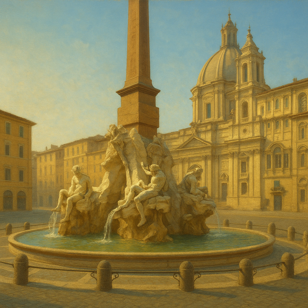 Rome Piazza Fountain in Morning Sunlight No. 7 Oil Painting - View 1