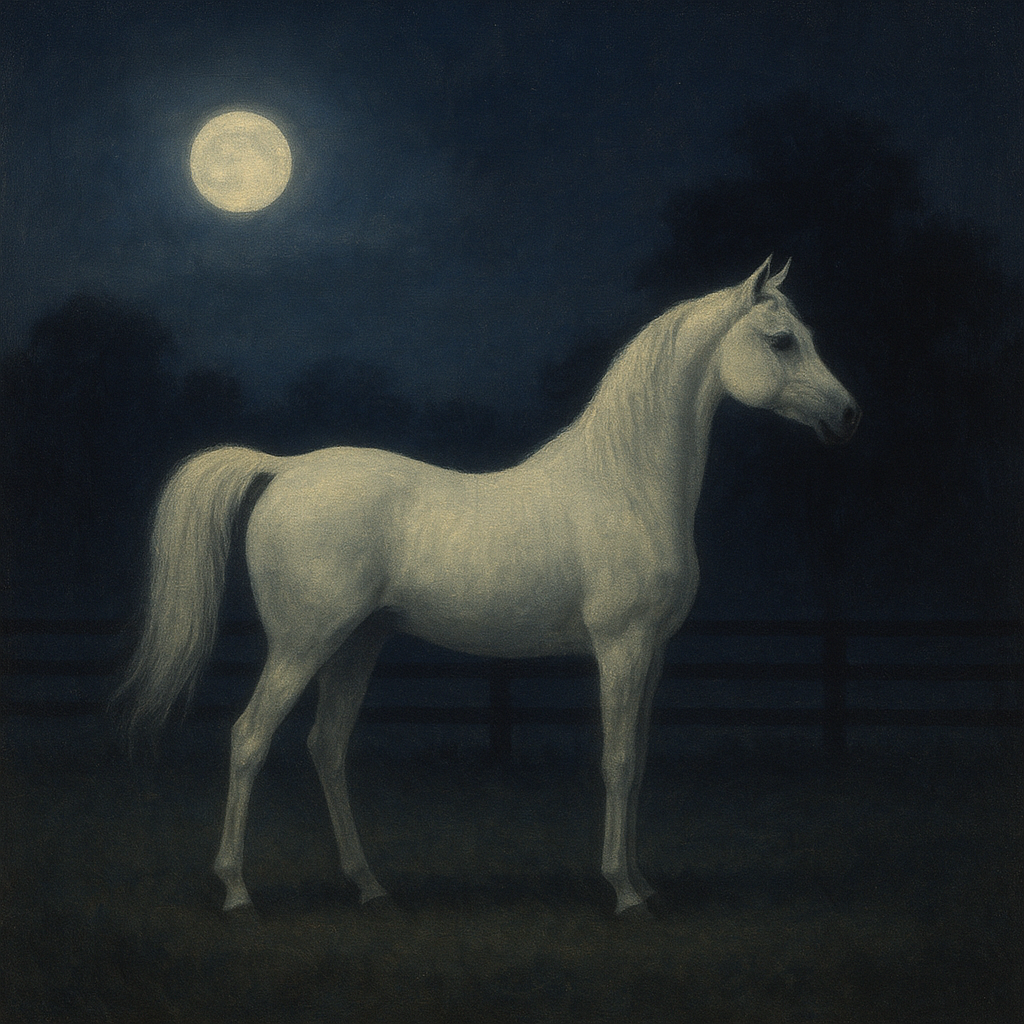Moonlit Paddock with White Arabian Silhouette No. 12 Oil Painting - View 1
