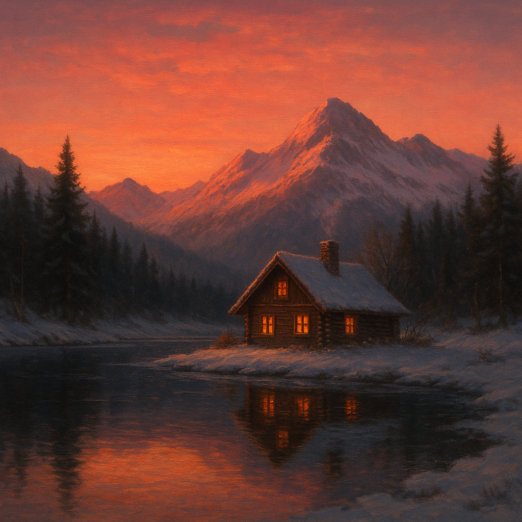 Winter Solstice Mountain Cabin Reflection No. 7 Oil Painting - View 1